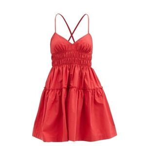 Three Graces London Mia Poplin Mini Dress 12 US 8 Red 100% Cotton Smocked‎